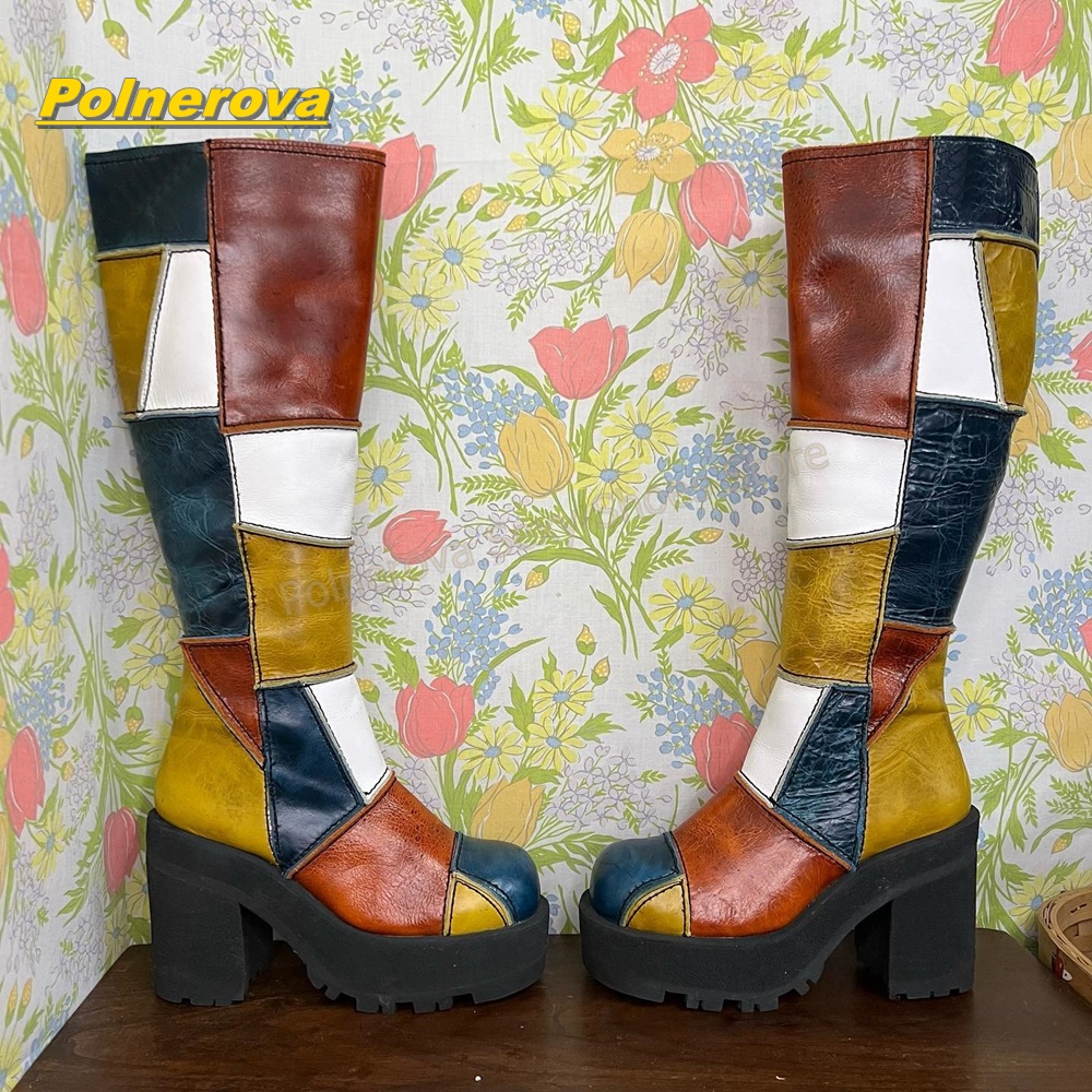 Vintage Style Women Fashion - 女性レトロパッチワークレザーニーハイブーツカラーブロックチャンキープラットフォームブロックヒールヴィンテージ Y2K ストリートファッション靴 2026