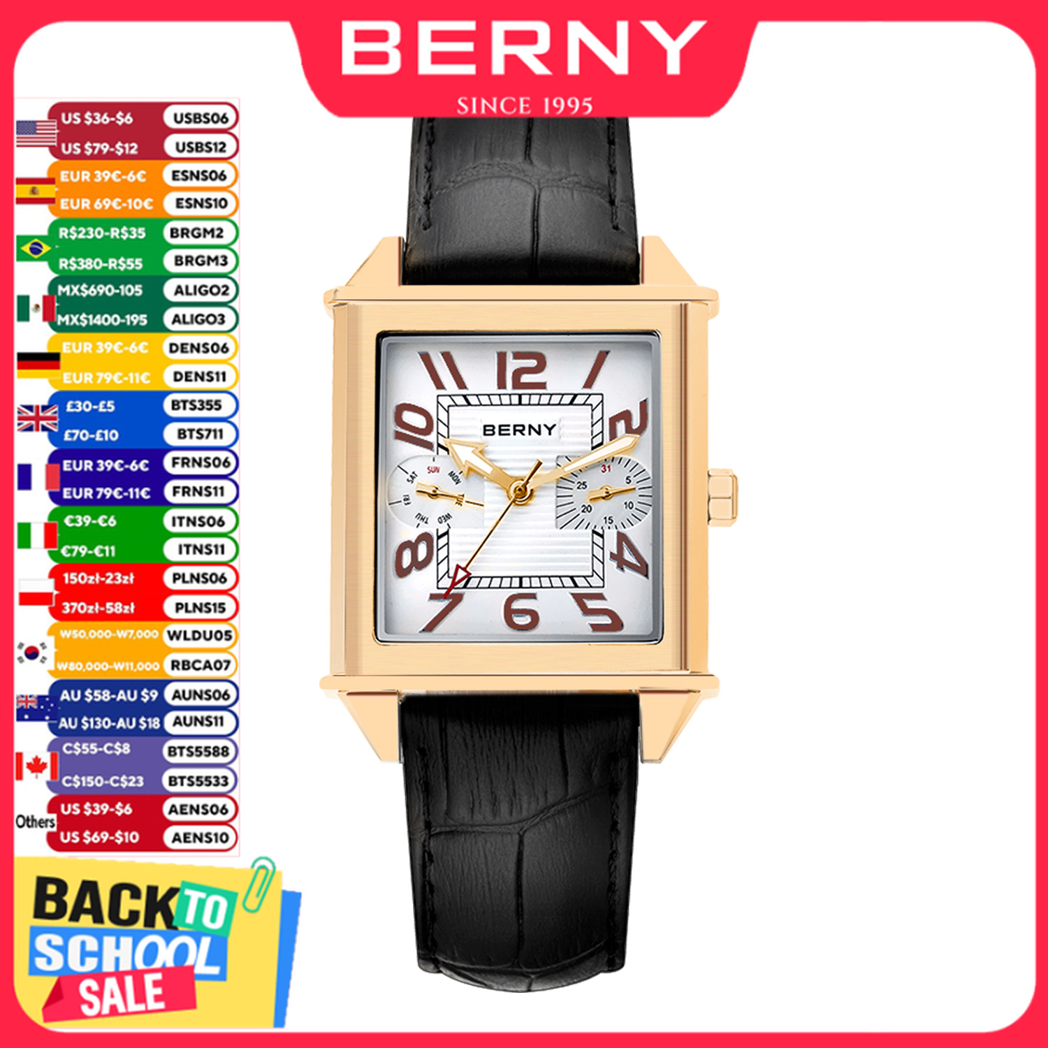 Vintage Fashion Complete - BERNY 6P25 クォーツ時計男性用ゴールデンニュースクエア腕時計ヴィンテージデイトップレザー 3ATM 防水高級時計男性