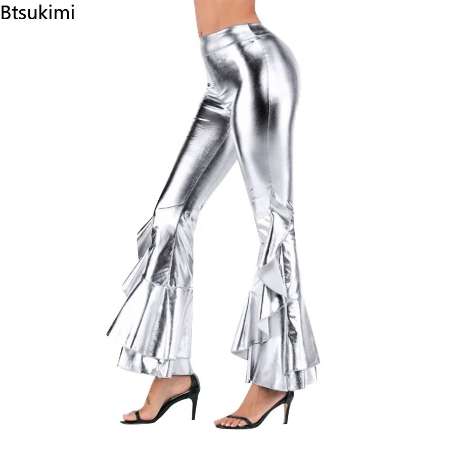 Wide Leg Trouser 70S - レディース シャイニー フレアパンツ メタリック ベルボトム ラッフル
