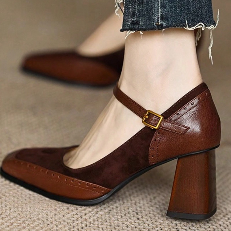Vintage Style Women Fashion - 2026年ニューファッションフレンチスタイルレディースブラックスクエアトゥチャンキーヒール厚底バックルスリッポンパンプスヴィンテージサンダル