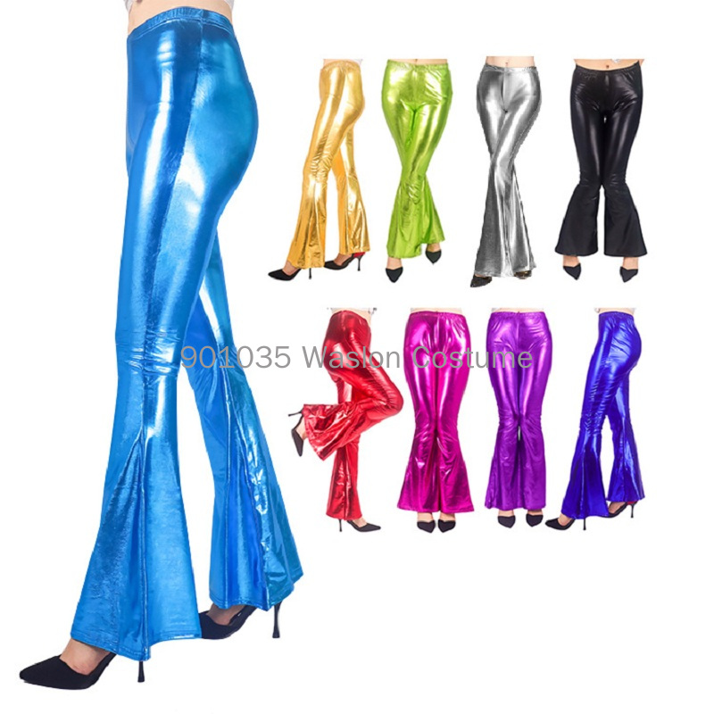 Wide Leg Trouser 70S - 女性光沢のあるフレアパンツレーザーメタリック Wetlook フリルワイドレッグパンツレトロ 70 年代ディスコヒッピークラブズボンスキニーベルボトム