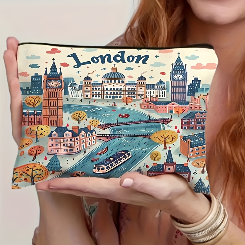 Vintage Fashion London - 女性用大容量ロンドンテーマトラベルトイレタリーバッグ、ビッグベンとバッキンガム宮殿が描かれたヴィンテージ英国ランドマークメイクアップポーチ
