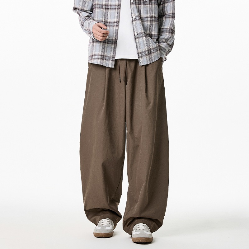 Wide Leg Trouser 70S - 2026 春秋男性カジュアルワイドレッグパンツルーズストレートパンツ無地男性巾着ロングパンツヴィンテージストリートウェア