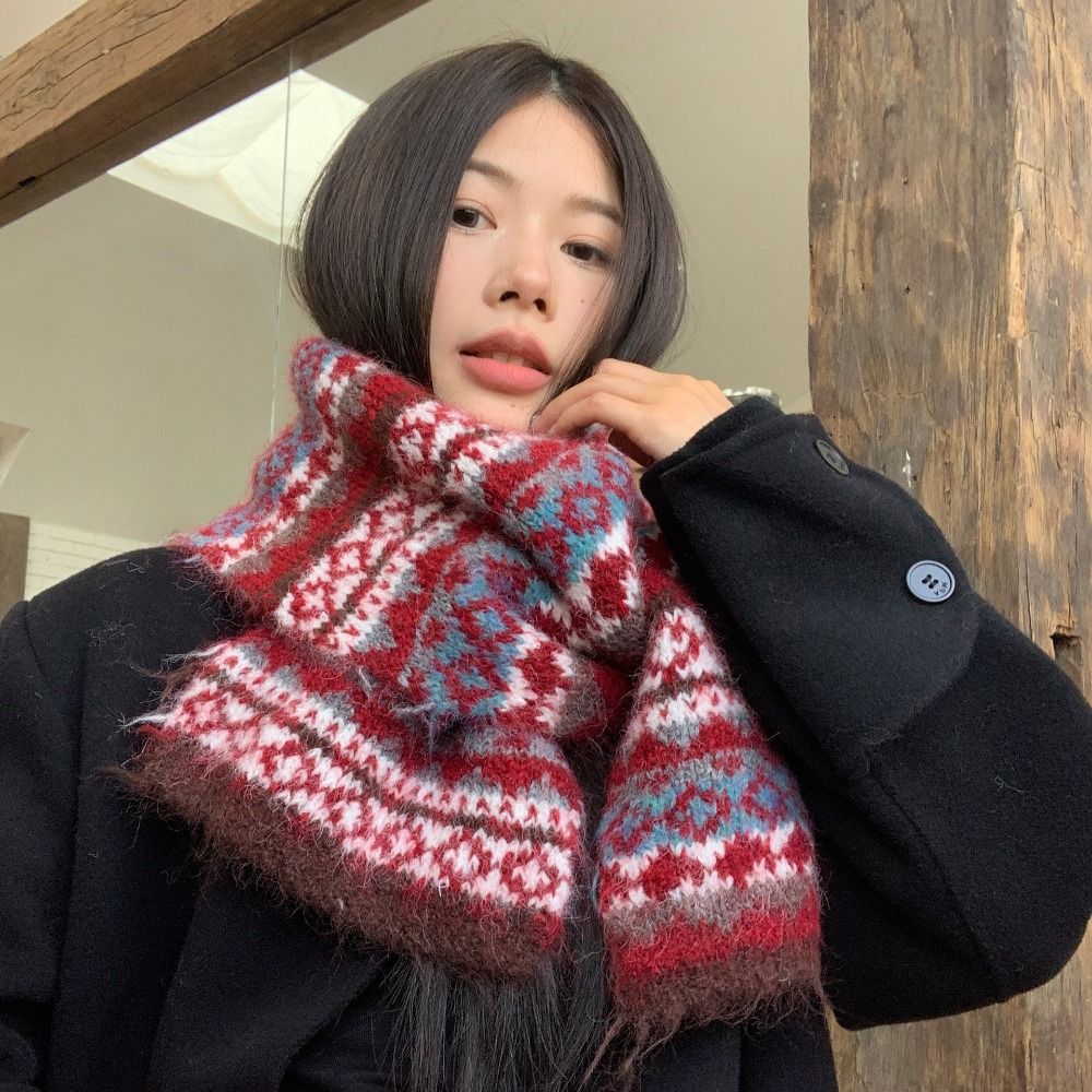 Vintage Fashion Faire - ファッション暖かいジャカードニットスカーフウールヴィンテージフェアアイルスタイルスカーフプリント防寒冬ウールネッカチーフ秋