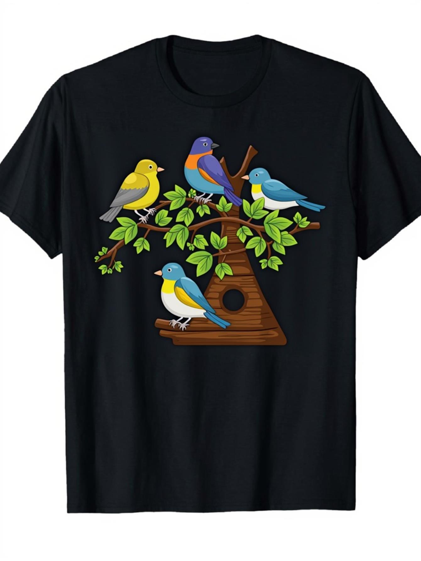Vintage Fashion Illustration - ヴィンテージ メンズ ブラック グラフィック Tシャツ カラフルな鳥の木の枝