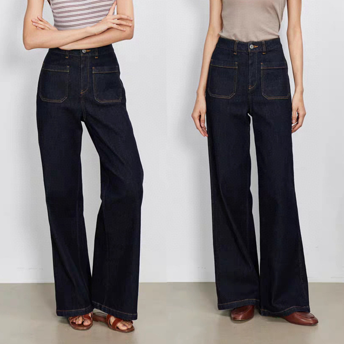 Wide Leg Trouser 70S - ハイウエストワイドレッグブルーデニムジーンズ女性用ダブルポケットレトロ70年代スタイルストレートカットパンツ夏2024ファッション