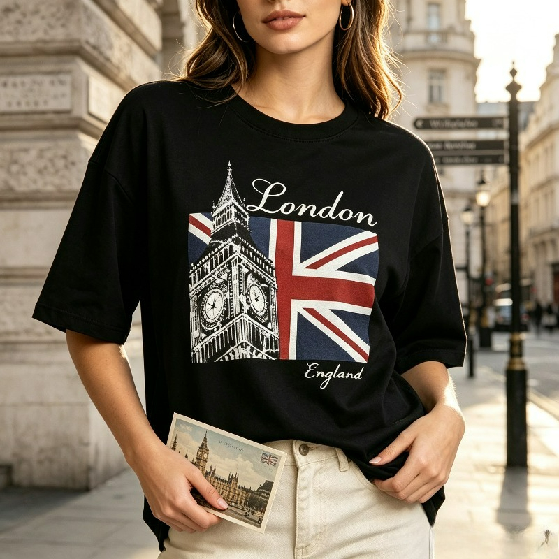 Vintage Fashion London - ロンドン イングランド ビッグベン フロントプリント Tシャツ 100%