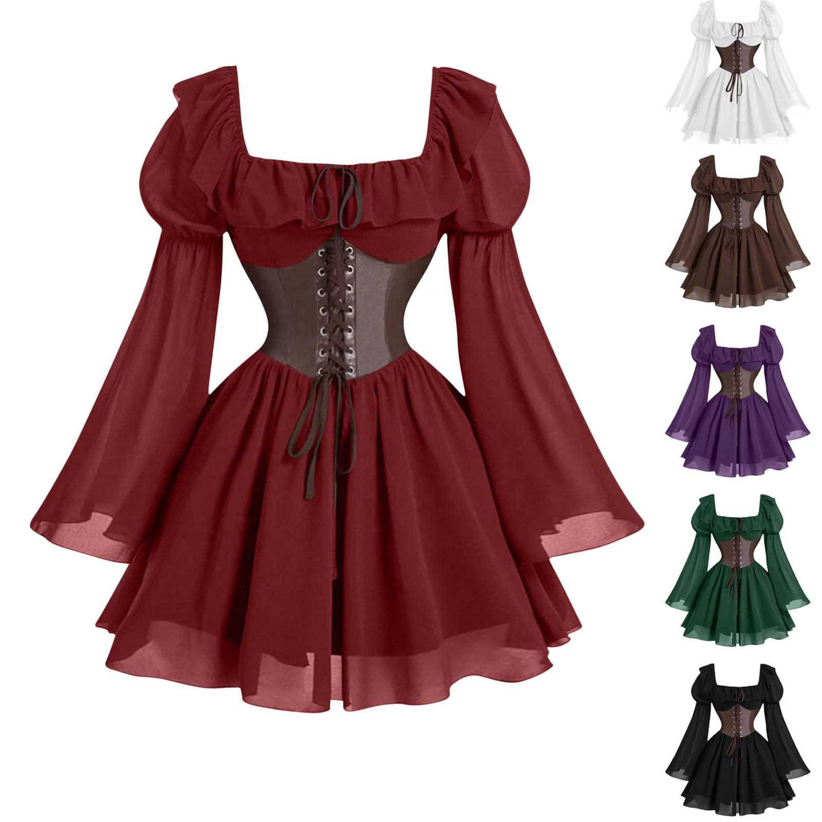Vintage Fashion Dress - ルネサンス中世風長袖パフスリーブドレス ハロウィンカーニバルパーティー ウエストマーク付き宮廷風ファッション レトロビクトリア朝ドレス