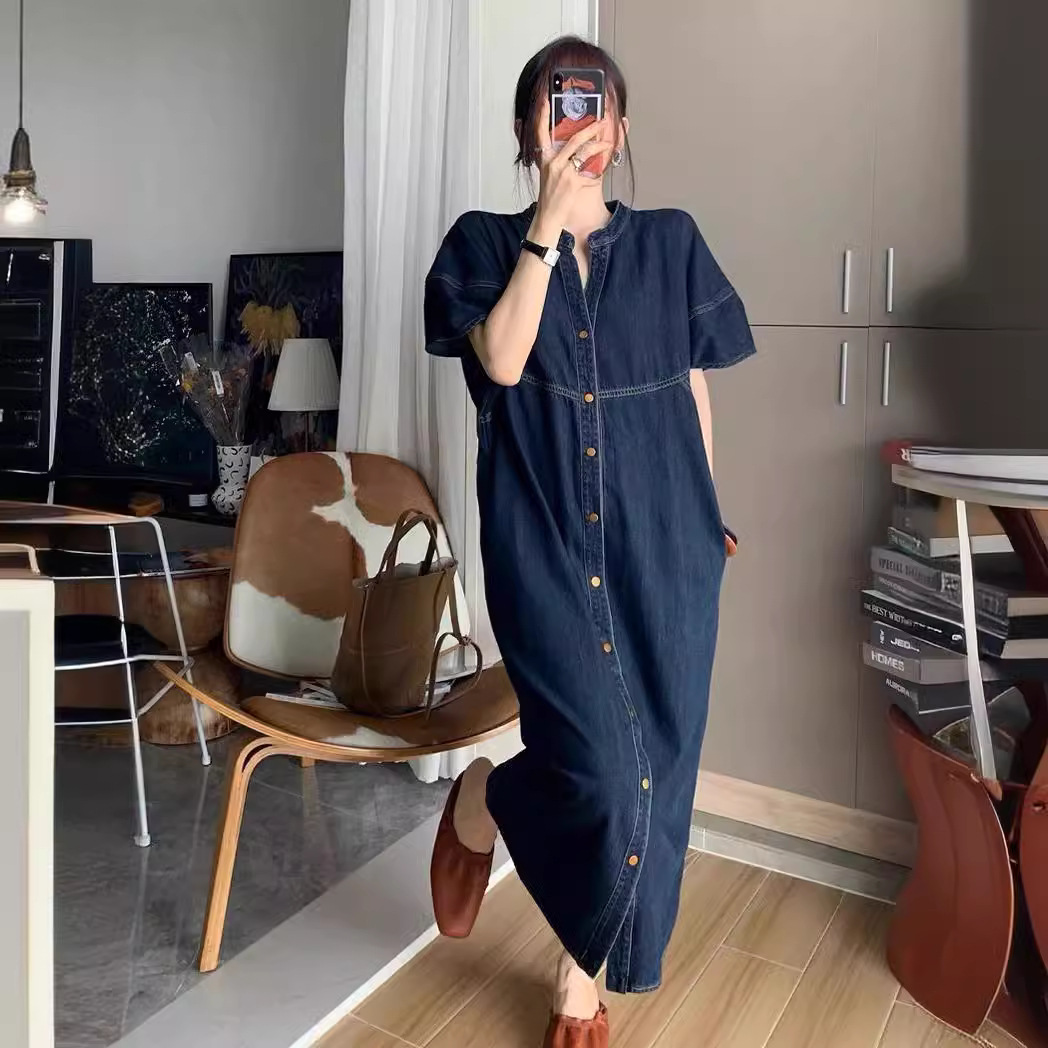 Vintage Style Women Fashion - 新しいフランスのヴィンテージ風ルーズデニムロングドレス、レディース春夏ファッション半袖Vネック気質海外風ドレス