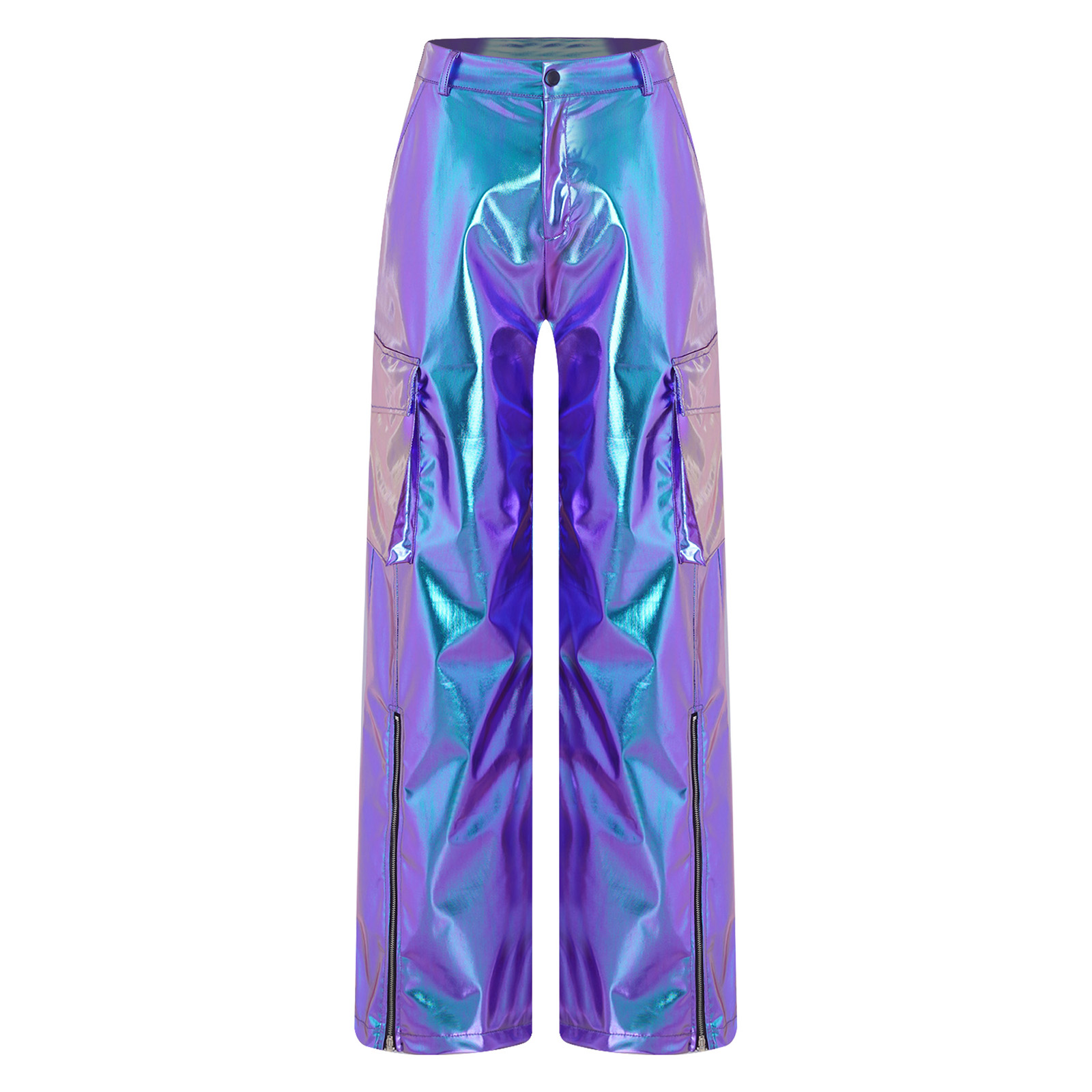 Wide Leg Trouser 70S - 大人の70年代ディスコ衣装ヒップヒップジャズダンスパフォーマンスカーゴパンツファッションメタリック光沢のあるハイウエストジッパーワイドレッグパンツ