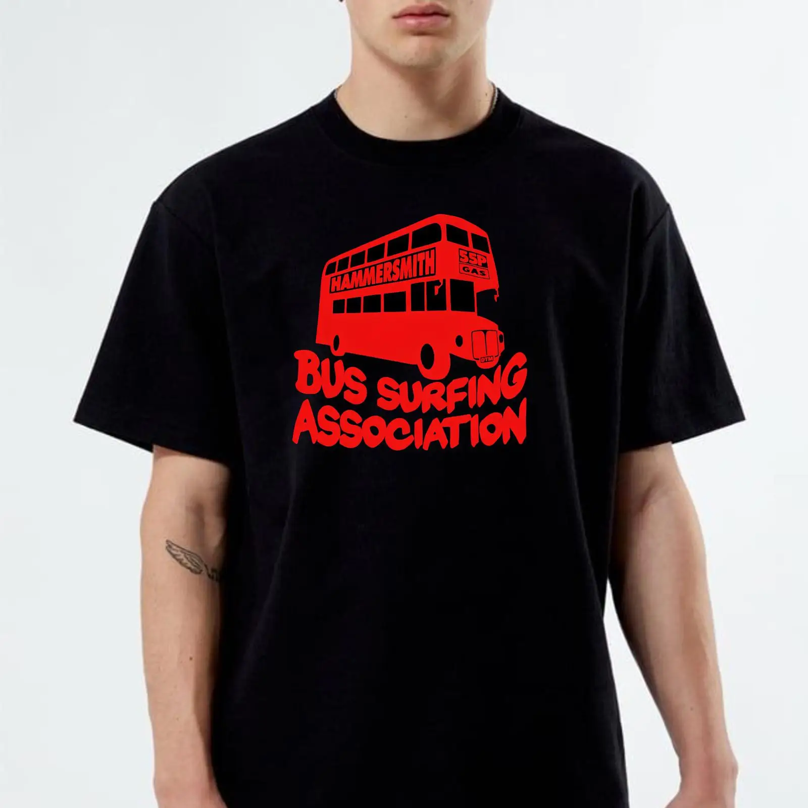 Vintage Fashion London - レトロバスサーフィン協会Tシャツ ロンドン ダブルデッカー ノベルティ ブラック 100%