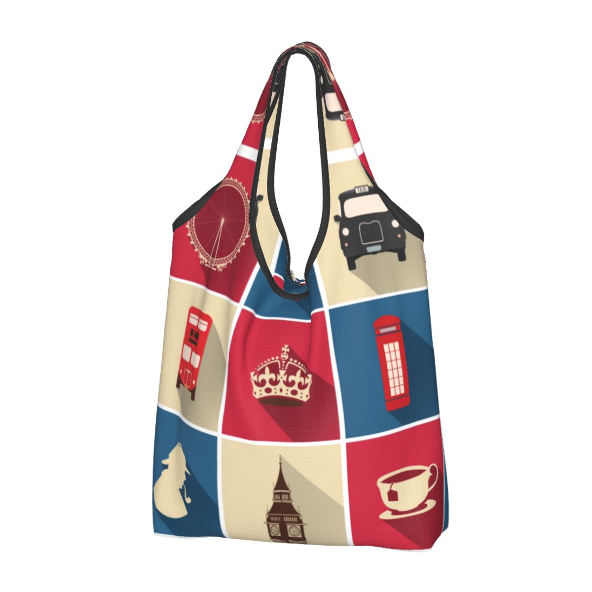 Vintage Fashion London - ヴィンテージショッピングトートバッグ,カスタマイズされたファッション,英国のロンドンのシンボル,英国の旗,赤いバス,食料品の買い物客のためのショルダーバッグ