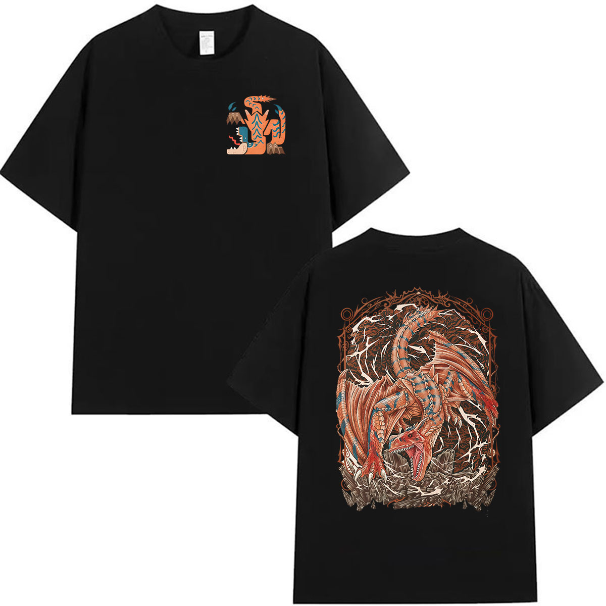 Vintage Fashion Game - ゲームモンスターハンターティグレックス轟音ワイバングラフィック Tシャツ男性女性ヴィンテージファッションコットン半袖 Tシャツストリートウェア