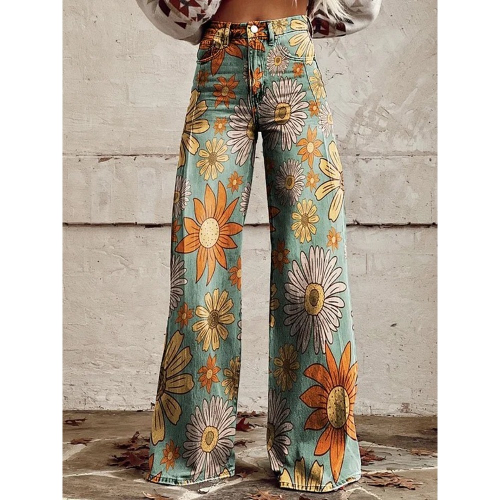 Wide Leg Trouser 70S - 女性のかわいいレトロウェーブデイジープリントハイウエストワイドレッグパンツ70年代ヒッピーカジュアル休暇パンツソフトコットンストリートウェア