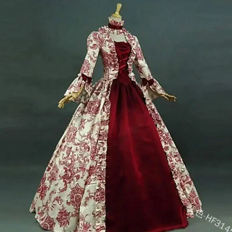 Vintage Fashion Dress - 中世ルネサンス風プラスサイズゴシックコスプレドレス ヴィンテージ花柄レースロングガウン フレアスリーブ ハロウィンカーニバル用衣装