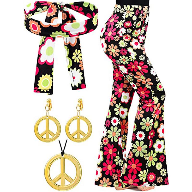 Wide Leg Trouser 70S - ボヘミアンプリント フレアパンツ ハロウィンヘッドバンド 70年代レトロプリント ワイドレッグ カジュアルパンツ