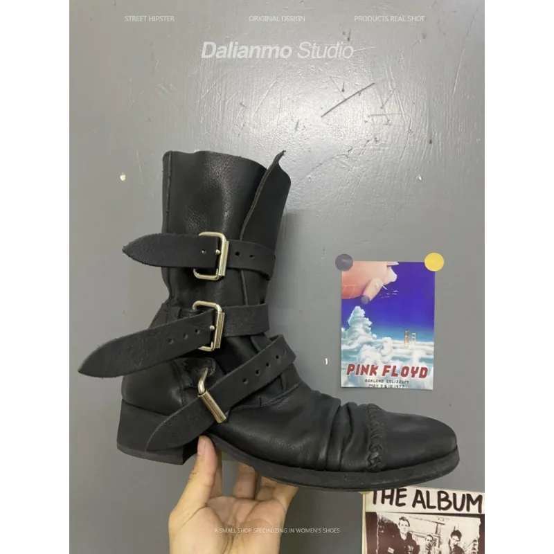 ファッションメンズ本革バイクブーツバックルストラップミッドカ - Vintage Style Women Fashion のレビューと価格