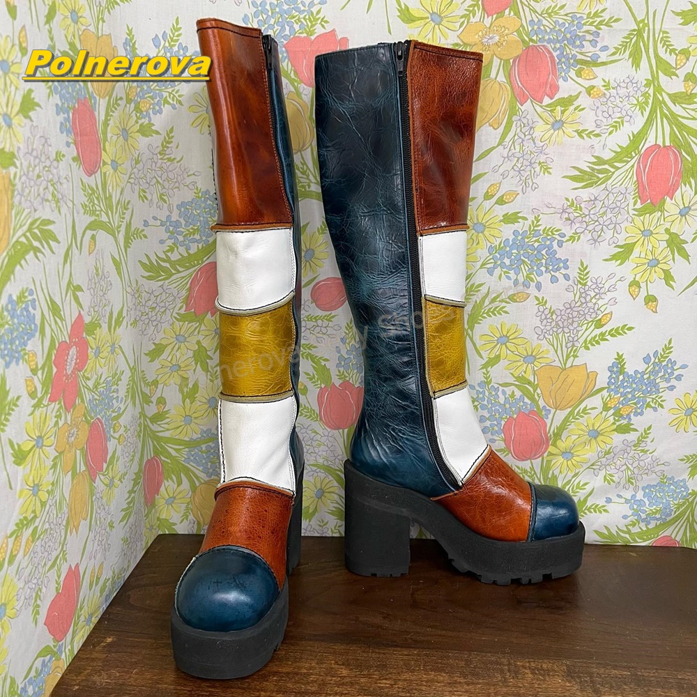 女性レトロパッチワークレザーニーハイブーツカラーブロックチャ - Vintage Style Women Fashion のレビューと価格