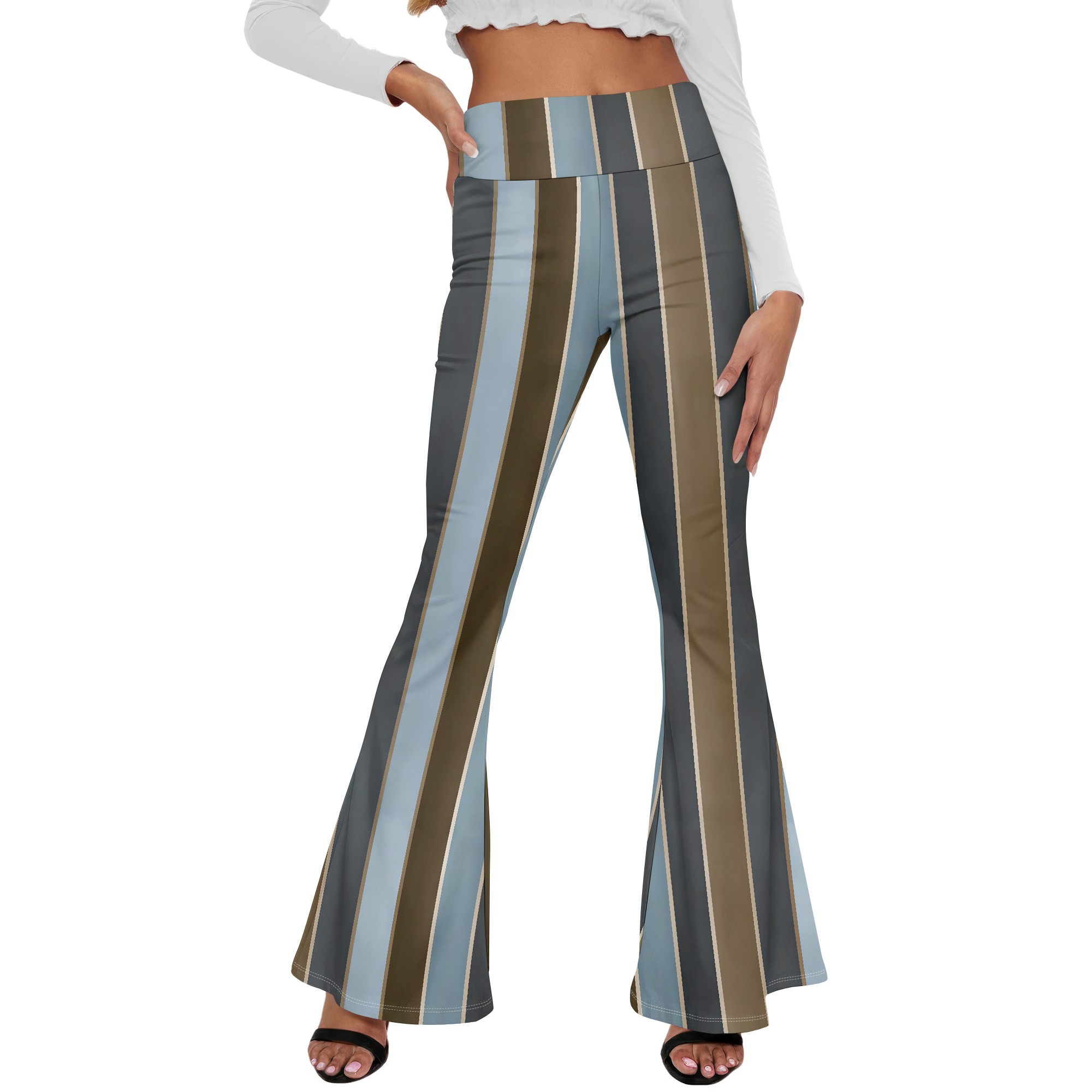 ストライプハイウエストフレアパンツ、ブルーブラウン縦縞トラウ - Wide Leg Trouser 70S のレビューと価格