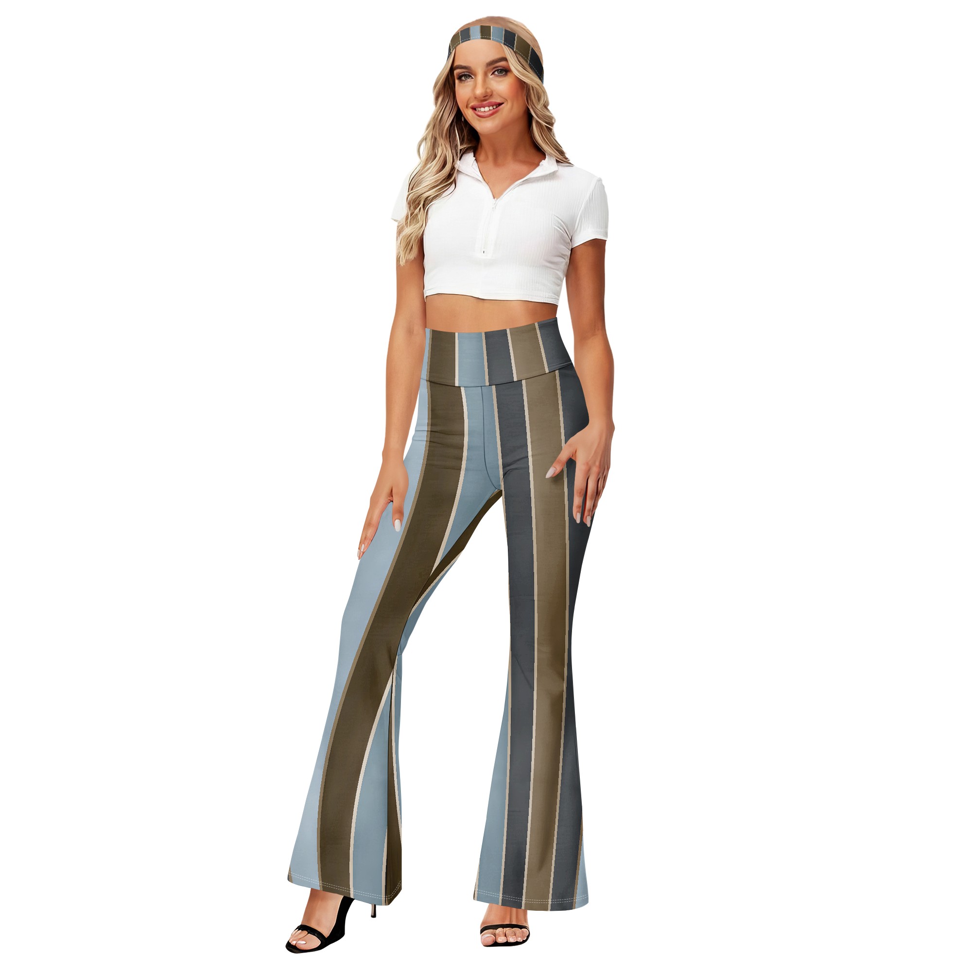 ストライプハイウエストフレアパンツ、ブルーブラウン縦縞トラウ - Wide Leg Trouser 70S のレビューと価格