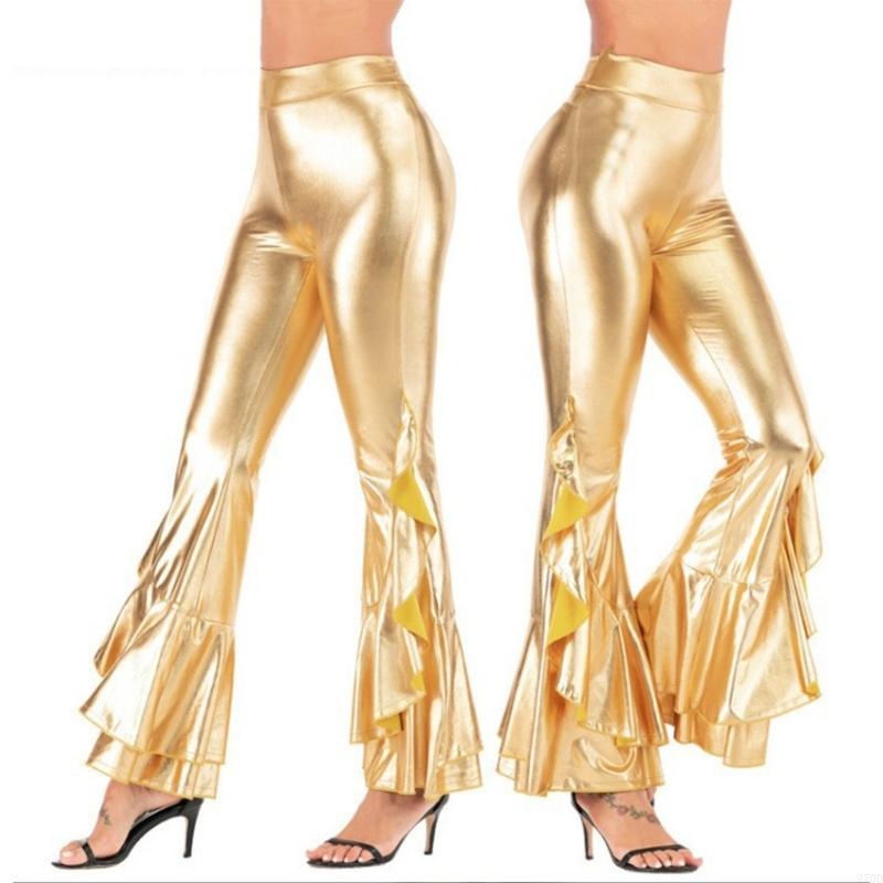 女性クラブとプロムパンツメタリックルックフレアワイドレッグレ - Wide Leg Trouser 70S のレビューと価格