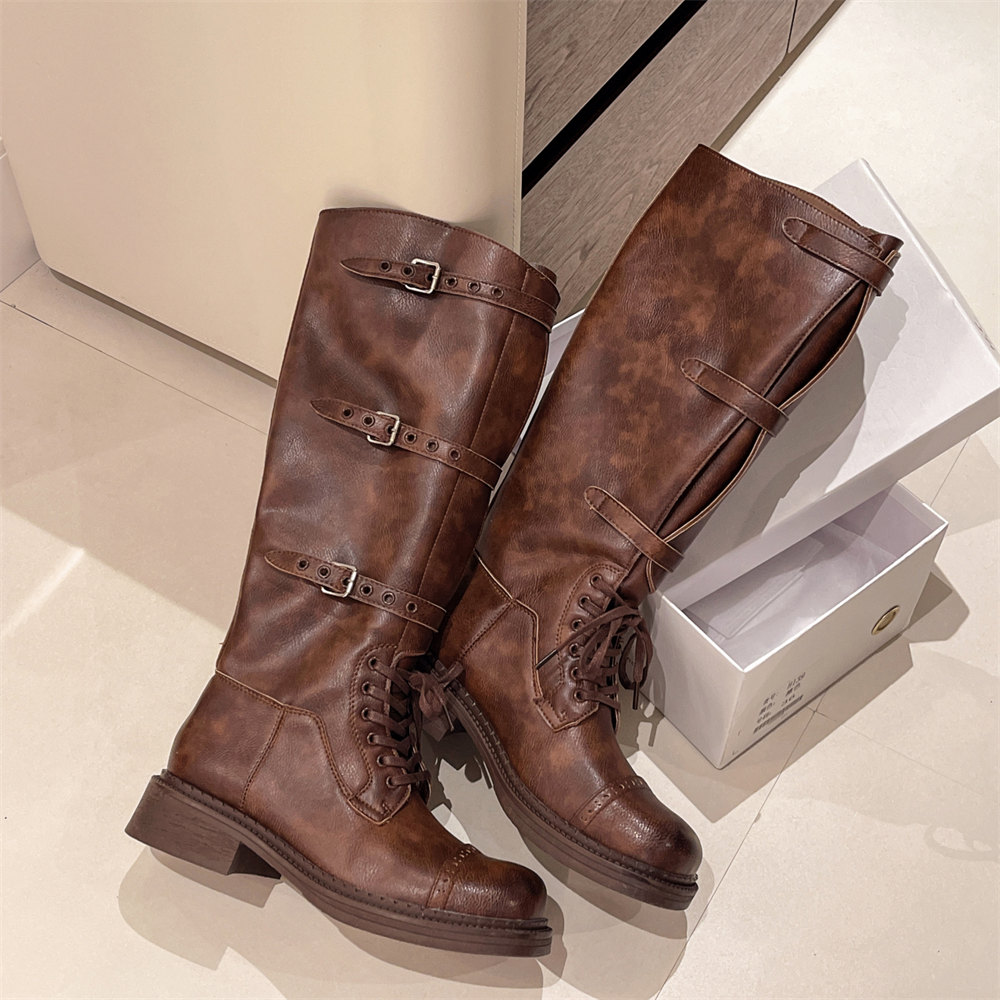 女性のニーハイブーツヴィンテージベルトバックルデザイン女性の - Vintage Style Women Fashion のレビューと価格