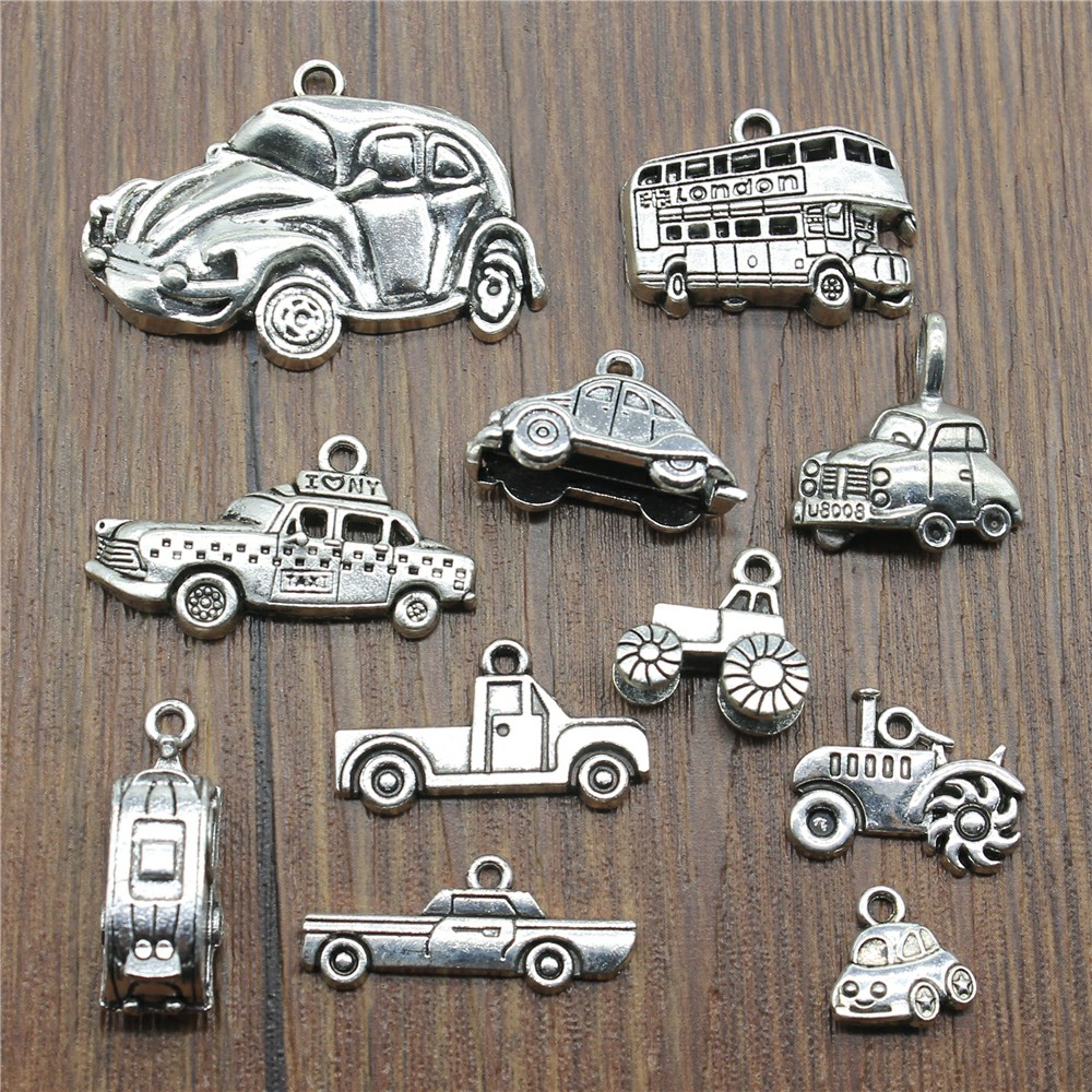 10個/ロットアンティークシルバーカラーカーチャームペンダン - Vintage Fashion Finds のレビューと価格