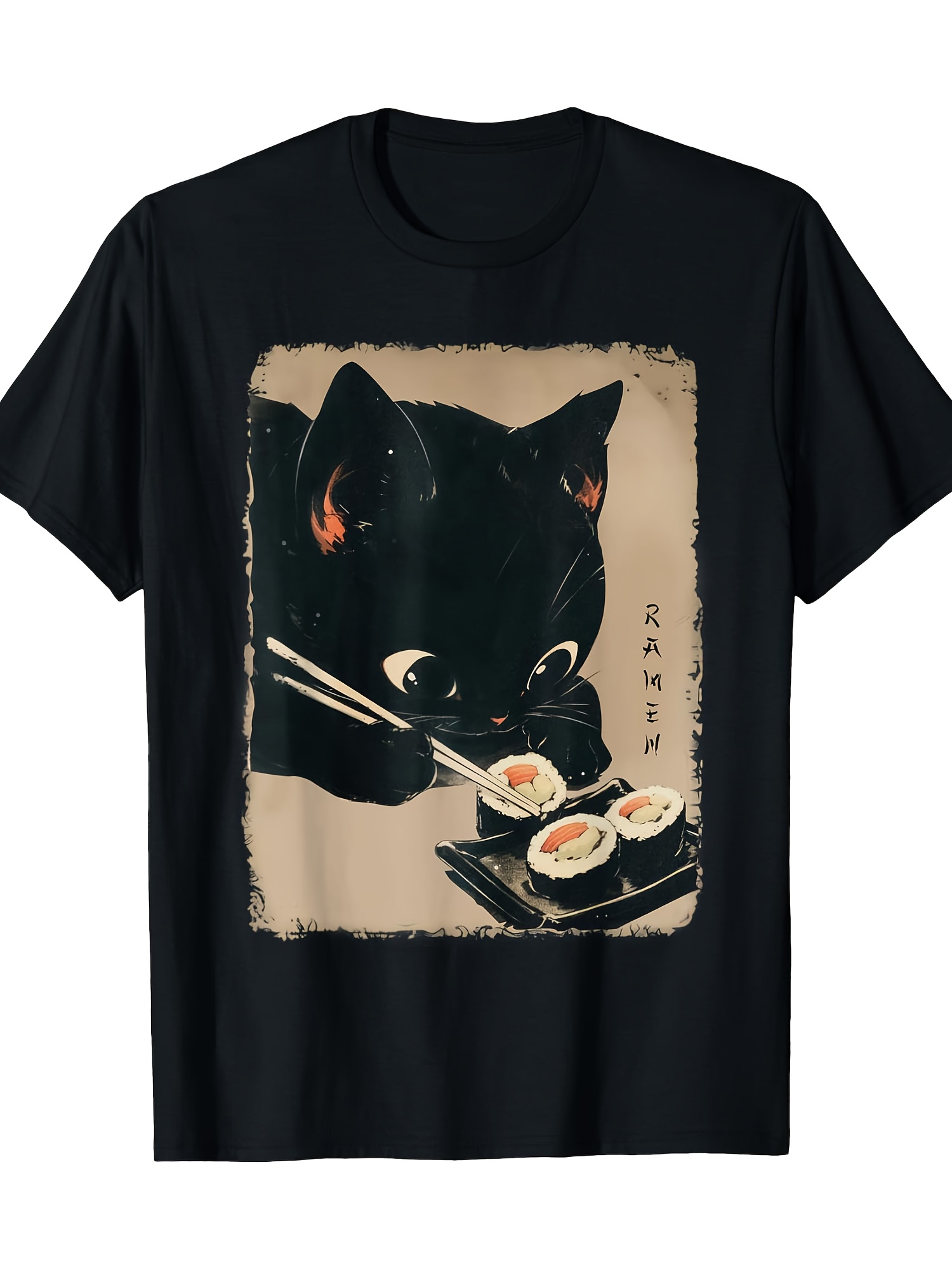 ヴィンテージメンズブラックグラフィックTシャツ黒猫寿司箸和風 - Vintage Fashion Illustration のレビューと価格