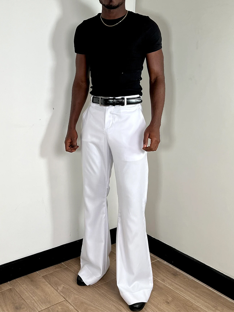 スタイリッシュなベルボトムメンズスリムフィットフレアトラウザ - Wide Leg Trouser 70S のレビューと価格